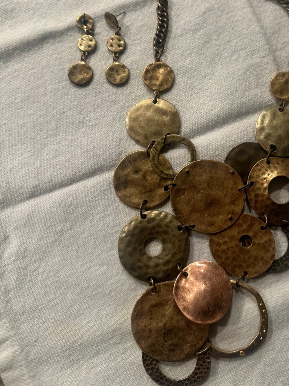 Chico's Mixed Metal Hammered Disc Statement Necklace and Earrings Set